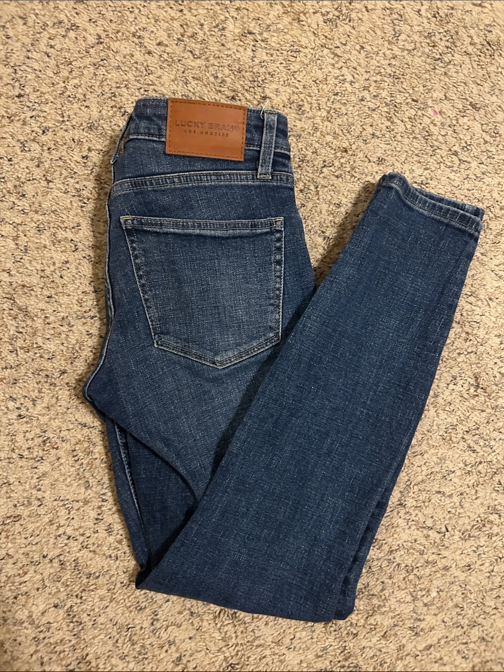 Lucky Brand Indigo Blue Skinny Jeans with Leather Patch